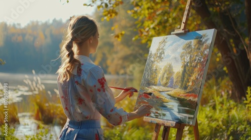 A woman is joyfully painting a landscape on an easel in a field, surrounded by grass and under the open sky, capturing the beauty of nature through art AIG50