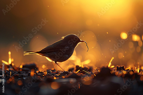 The early bird catches the worm analogy, a small little bird with a worm in during dawn
