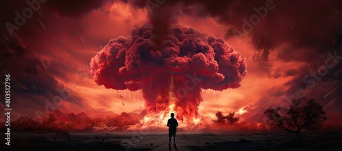 Man standing in front of a huge mushroom cloud