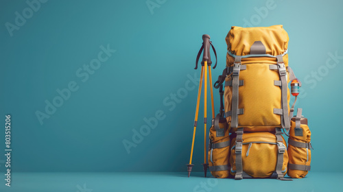 hiking bag and trekking pole,copy space 