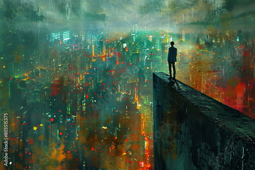 Vertigo concept illustration, a person standing on an edge overlooking an abstract city