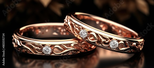 Two gold wedding rings with diamonds on a black surface