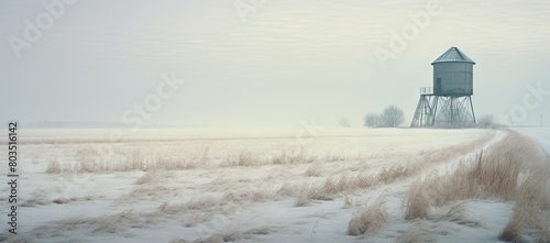 Snow covered field with water tower in the distance