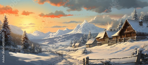 Snowy mountain scene with cabin