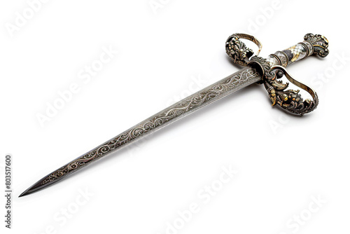 A beautifully crafted rapier with an ornate guard, isolated on solid white background.