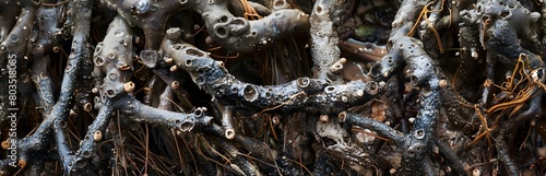 Close-up of the intricate root system of mangrove trees, with details of the textured bark and small crustaceans clinging to the roots, all illuminated by soft natural light