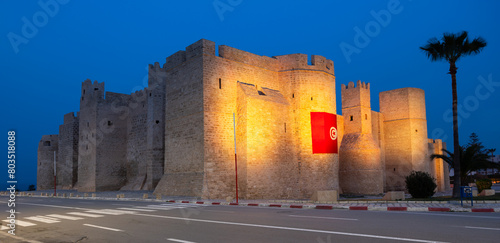Ribat in Monastir in night illumination, Tunisia. Islamic defensive structure. It is oldest ribat built by Arab conquerors during Muslim conquest of the Maghreb