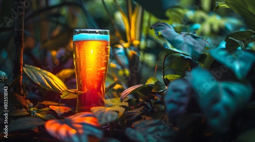 森に置かれたビールが注がれたグラス