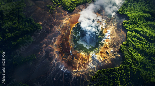 Dynamic aerial view of a geyser field, showcasing various stages of eruption as seen from above, with a patchwork of surrounding greenery and mineral-rich earth