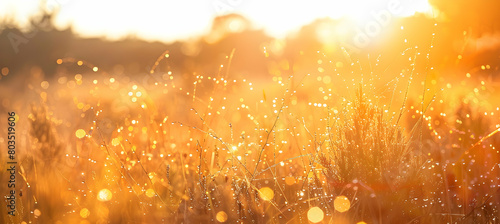 Early morning dew on scrubland vegetation, with the sun rising in the background, casting golden light over the landscape