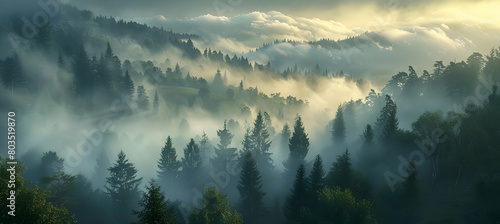 Early morning fog blanketing a valley, with just the tips of ancient, towering trees poking through the mist
