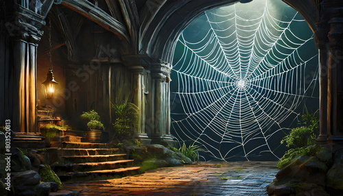 Spider web against large opening in a black wall, illustration.