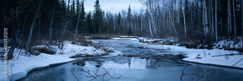 Early spring in the taiga, featuring a river gently breaking free from its ice cover surrounded by budding birch trees