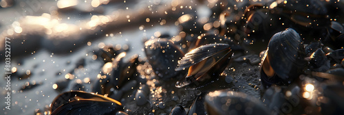Macro shot of a tide pool focusing on a cluster of mussels and barnacles, with droplets of water sparkling in the sunlight