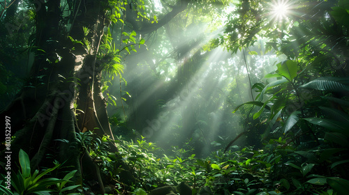 Majestic ancient trees towering over a lush undergrowth in a rainforest, the sunlight filtering through the thick canopy above