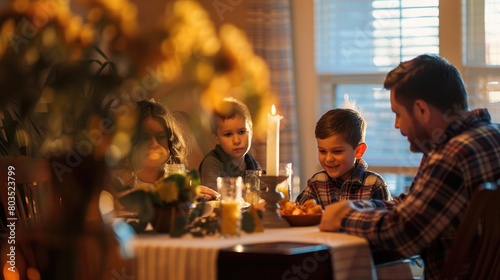 Family with young boy together in home dining room in late afternoon