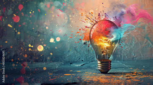A light bulb filled with vibrant colors splashing out in all directions, creating a dynamic and visually striking effect. The paint appears to be bursting from the light bulb, adding a sense of energy