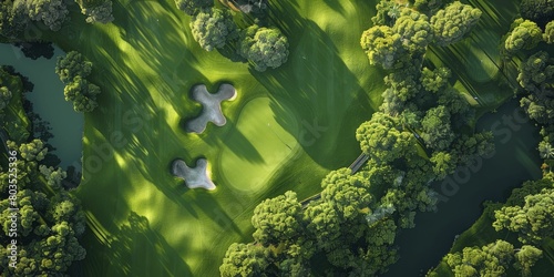 Overhead view of a professional golf tournament in progress, capturing players and landscapes, suitable for sports marketing materials, golf instruction videos, and resort advertisements.