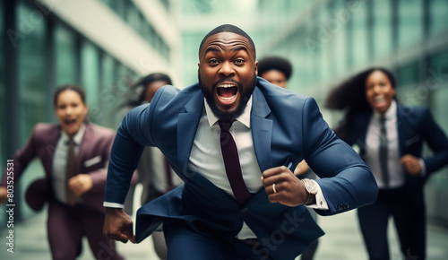 Running joyful black businessman with colleagues business people having race together in the office