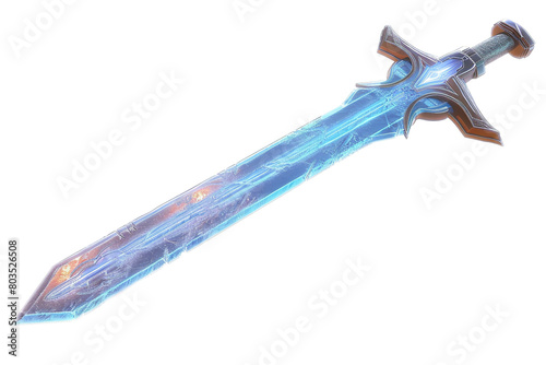 A legendary Excalibur-like sword with a shimmering blade of light, isolated on solid white background.