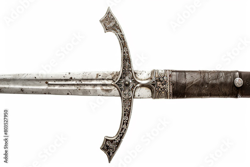 A medieval longsword with a crossguard and a decorated pommel, isolated on solid white background.