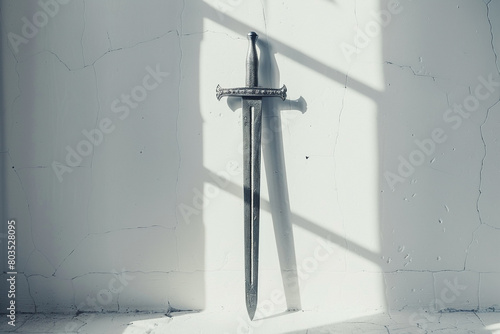 A medieval-inspired sword with a crossguard, standing on a white surface.