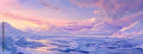 Twilight descends on a snow-covered plateau, the ice crystals reflecting the pink and purple hues of the fading light, surrounded by distant mountains