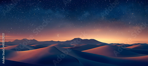 Twilight over the desert with silhouetted sand dunes under a starry sky, capturing the tranquil night atmosphere