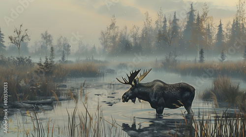 Wildlife in the taiga, capturing a moose wading through a misty marshland with early morning fog enveloping the scene