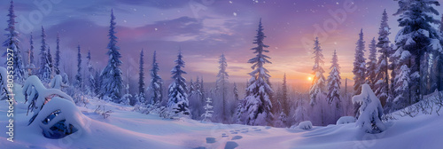 Winter sunrise in the taiga, the sky painted in shades of purple and blue, with snow-covered trees and frozen footprints leading into the forest