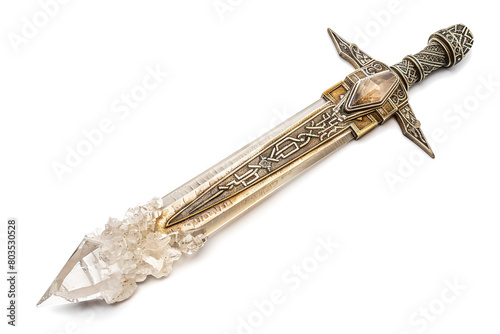 A mystical rune-inscribed sword with a crystal embedded in the hilt, isolated on solid white background.