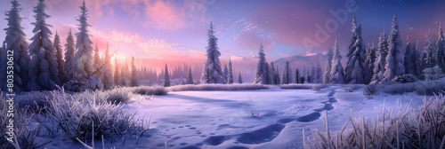 Winter sunrise in the taiga, the sky painted in shades of purple and blue, with snow-covered trees and frozen footprints leading into the forest