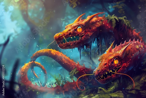 forgetful hydra searching for its lost heads humorous fantasy creature digital painting