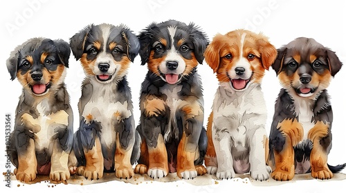 A watercolor painting of five Australian shepherd puppies sitting in a row against a white background.