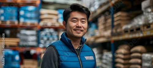 In a portrait, an Asian man is seen working in the storage area of a warehouse, wearing a vest.