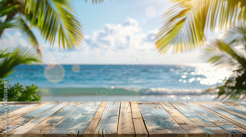 serene tropical beach view from rustic wooden tabletop