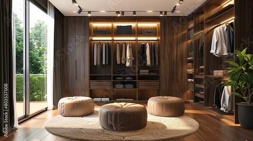This is a large, luxurious walk-in closet with dark wood cabinets, shelves, and drawers. There is a brown leather bench in the center of the closet.