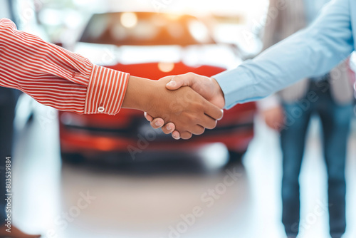 Customer shaking hand with auto insurance agents after agreeing to terms of insurance with blurred car on background