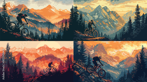Vector - A detailed illustration of a biker navigating a challenging mountain trail amidst lush pine forests