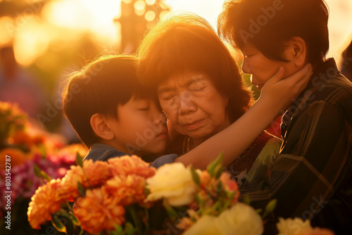 Funeral concept. Crying family and child hug grandmother for support, mourning depression and death at emotional burial event