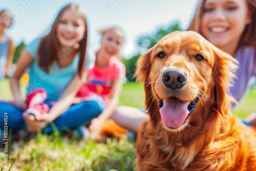 Happy family playing with happy golden retriever dog on the backyard lawn