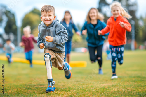 Smiling little boy with prosthetic leg running on field with his friends