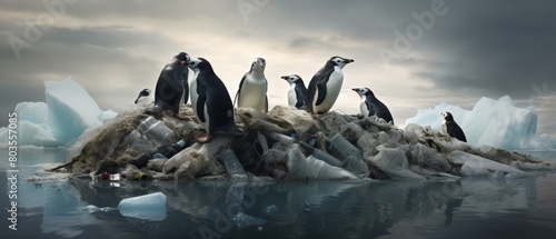 Group of penguins on an iceberg with floating plastic debris in the ocean around them,