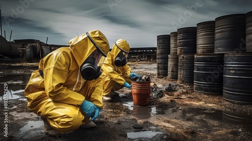 Factory waste audit team marking hazardous waste for proper disposal, wearing protective gear,
