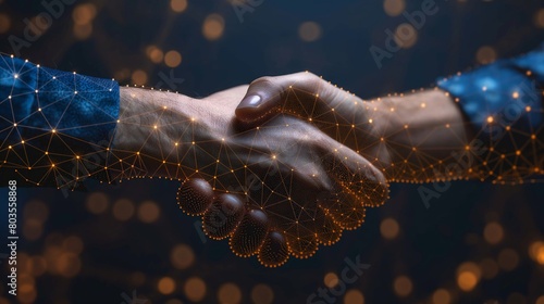 Digital handshake with a glowing network pattern. Conceptual visualization of technology, data connections, and virtual agreement in the business world.