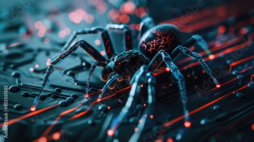 Neon cyber spider navigating through digital circuits