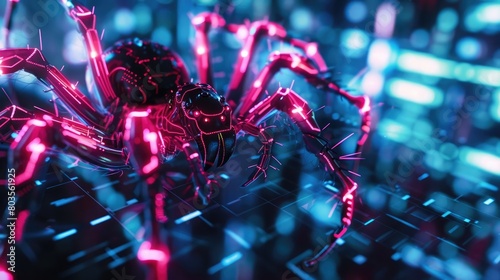 Neon cyber spider on a digital network
