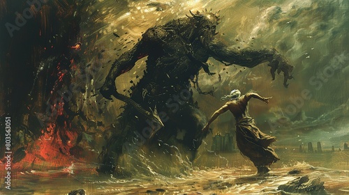 The Epic of Gilgamesh by Unknown: Inspired by Wojtek Siudmak and assisted by Sam Spratt, an oil painting capturing Gilgamesh and Enkidu standing victorious over the defeated Humbaba. 