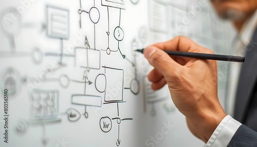 Closeup of a manager's hand drawing a flowchart on a whiteboard