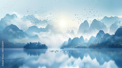 The mountains and rivers of Guilin are covered with clouds and fog on the top of the mountain. The blue sky and white clouds keep birds flying in front of the sun. 